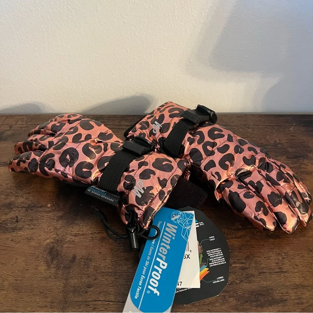 Girls Rose Gold Leopard Foil Gloves Weather Proof Insulation Touch S/M